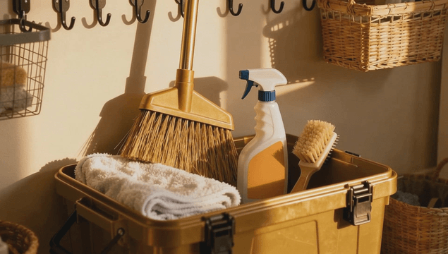 Cleaning supplies in a sunlit room