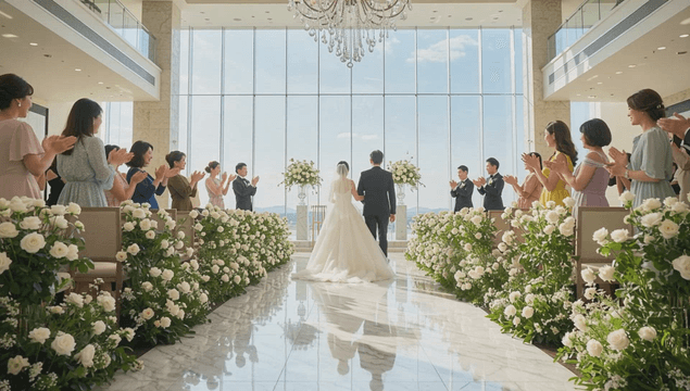 A wedding ceremony with guests applauding