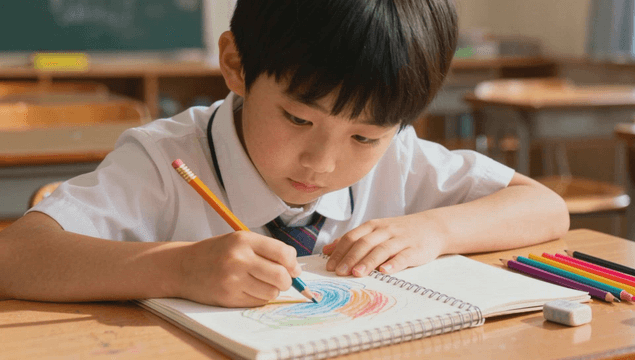 Child drawing with colored pencils in class