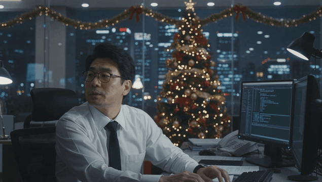 Office worker at night with Christmas tree