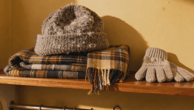 Winter accessories arranged on a shelf