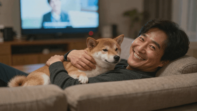 Man smiling while holding a Shiba Inu on a sofa