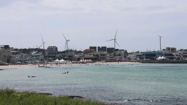 Beach with wind turbines