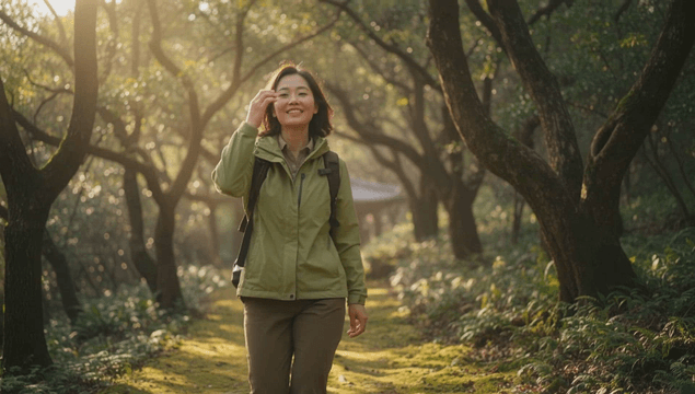 Smiling woman hiking in a sunlit forest