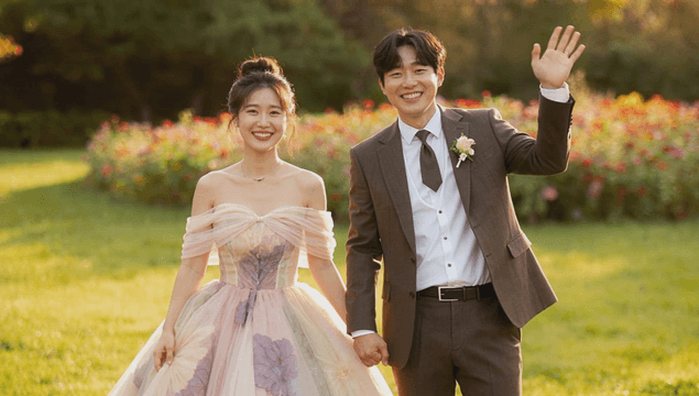 Couple smiling in a flower garden during a wedding photoshoot