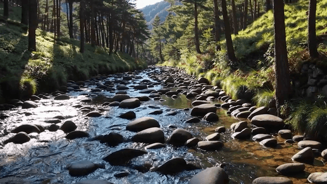 A tranquil forest stream with sunlight