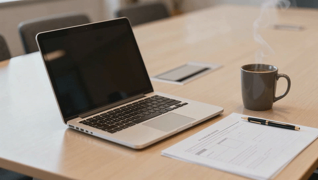Laptop and coffee on a meeting table