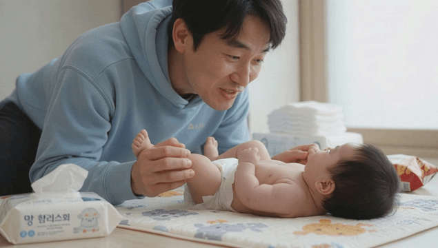 Father playing with baby on the mat