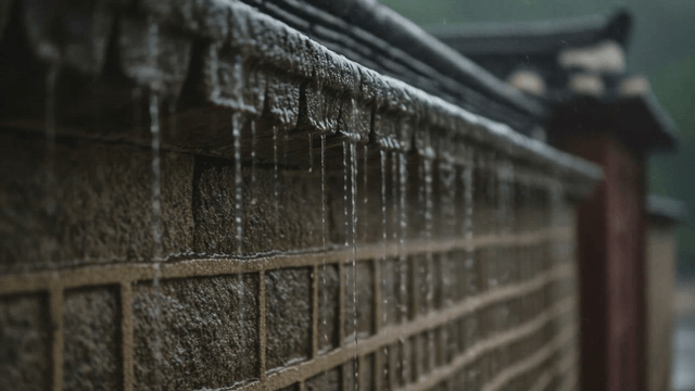 Rainwater dripping from a traditional roof