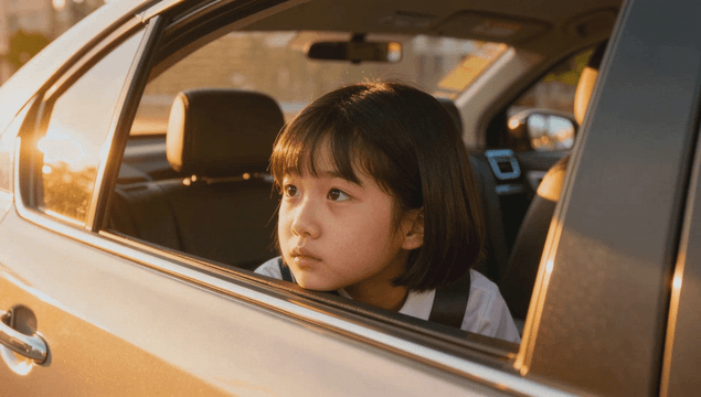 Young girl looking out car window at sunset