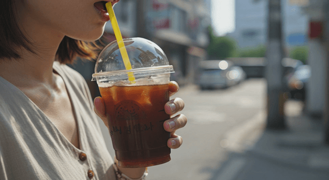 Woman drinking iced coffee on a sunny street