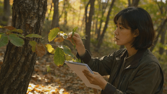 Woman observing leaves in a forest