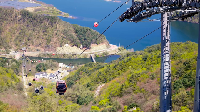 Cable cars over a scenic mountain landscape