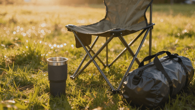 Camping gear on sunlit grassy field