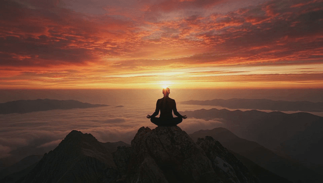 Person meditating at sunrise on high peak