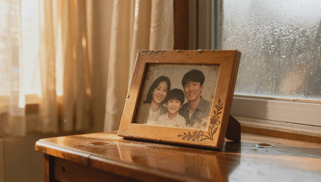 Old family photo on a wooden table