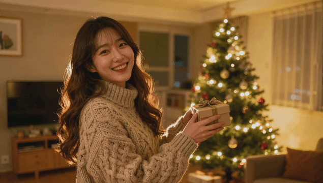 크리스마스 분위기 거실에서 선물을 들고 미소 짓는 젊은 여성