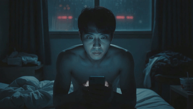 Naked man using a smartphone in a dark room