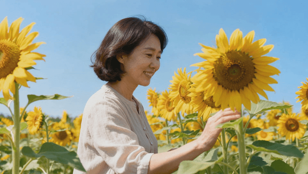 Smiling woman looking at sunflowers in a sunflower field