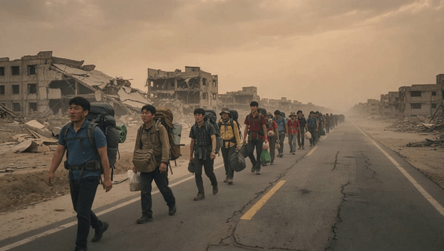People walking through a deserted city