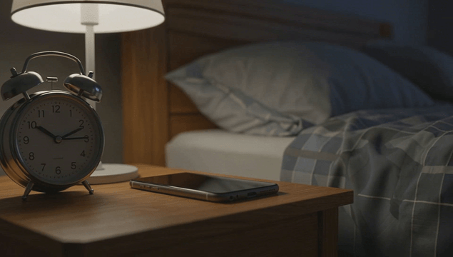 자명종과 전화기가 있는 침대 옆 탁자
