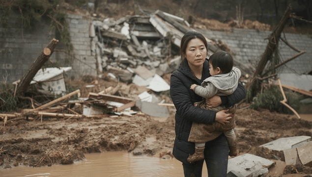 Woman carrying a child through debris