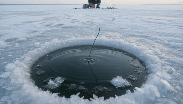 낚시찌가 올라간 얼어붙은 호수 얼음 구멍