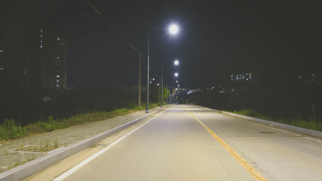 Quiet rural road illuminated by streetlights