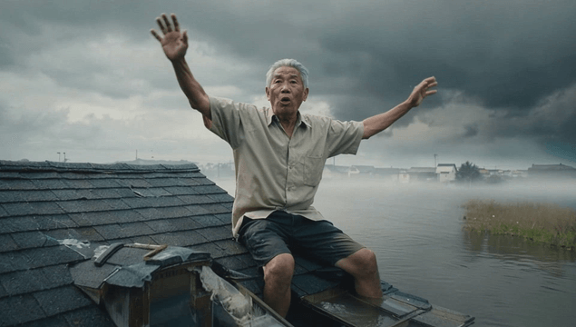 Older man requesting rescue on rooftop during flood