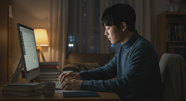 A man working late at night on a computer