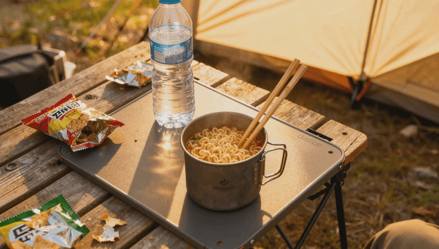 Camping table with ramen and snacks