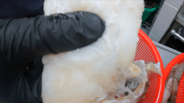 주방에서 손질 중인 단단한 대구