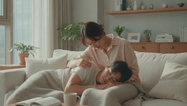 Couple resting on a comfortable sofa with a lap pillow
