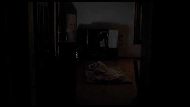 Person sleeping in a dark room with the TV on