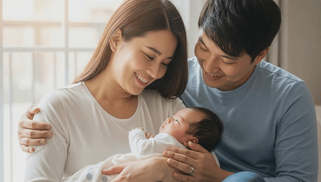 Happy family holding a newborn baby