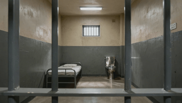 Empty prison cell with bed and toilet