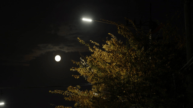 Streetlight and full moon at night