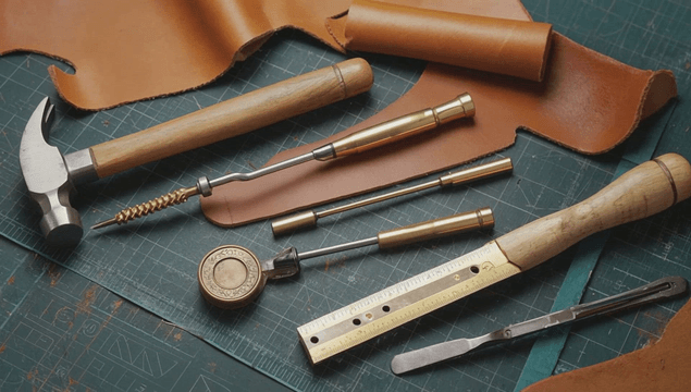 Leather crafting tools on a workbench