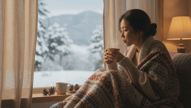 Woman enjoying a warm drink by a snowy window