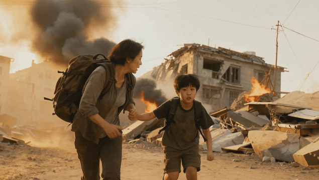 Mother and child running through debris