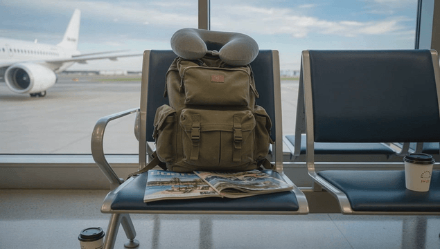 Backpack and neck pillow on an airport waiting seat