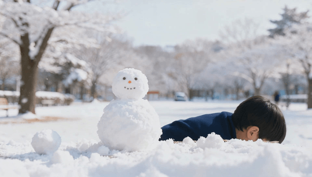Boy building a snowman in a snowy park