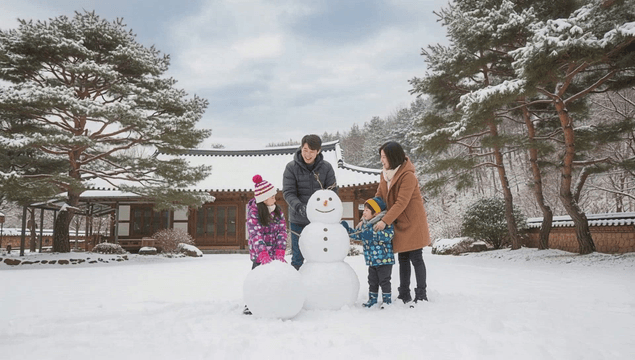 Family building a snowman in the courtyard of a snow-covered Korean house