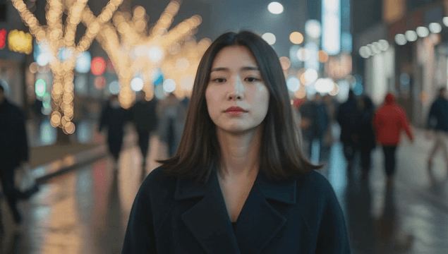 밤 크리스마스 거리의 슬픈 여성