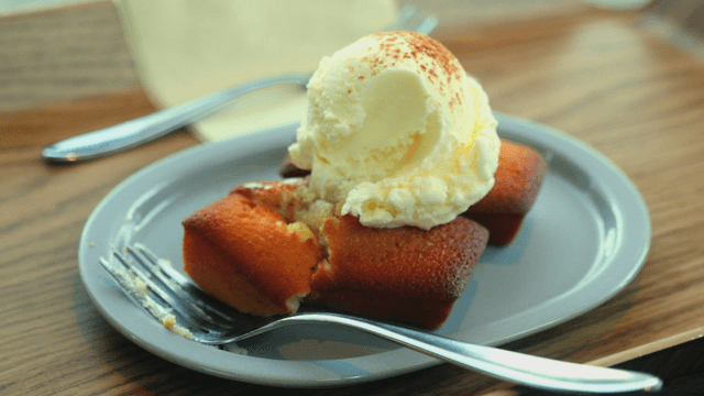 Vanilla ice cream on warm madeleine
