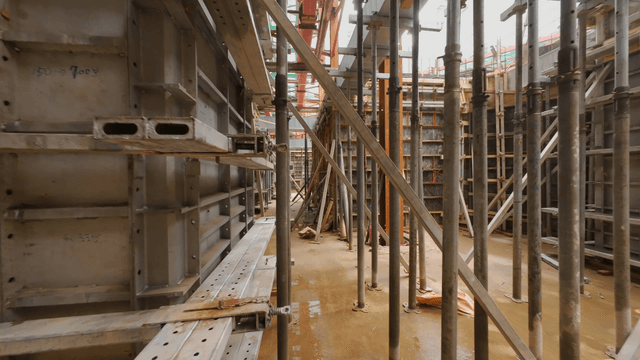 Inside a construction site with scaffolding