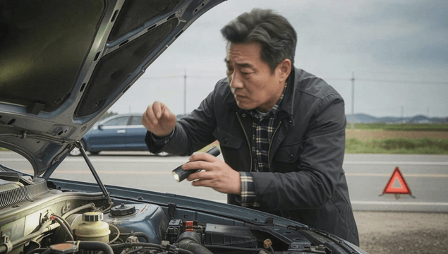 Man checking car engine by himself on roadside