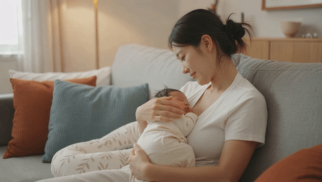 Mother holding a newborn baby on the living room sofa