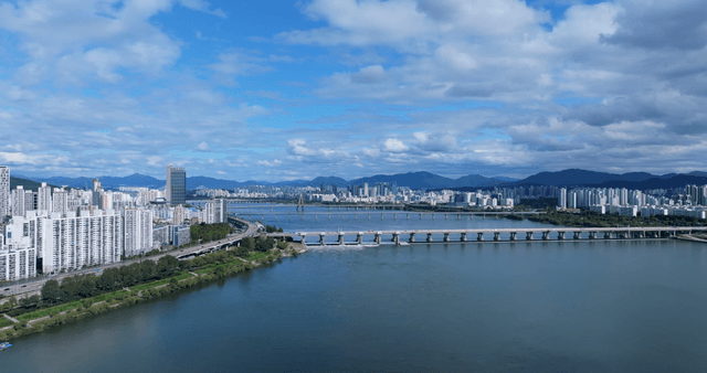 Wide river with bridge connecting cityscape