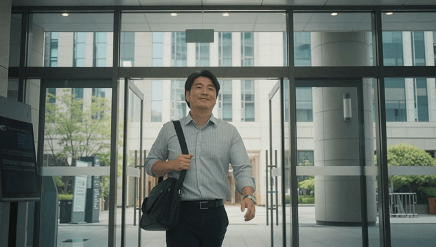 사무실 건물에 들어가는 출근하는 남성 회사원